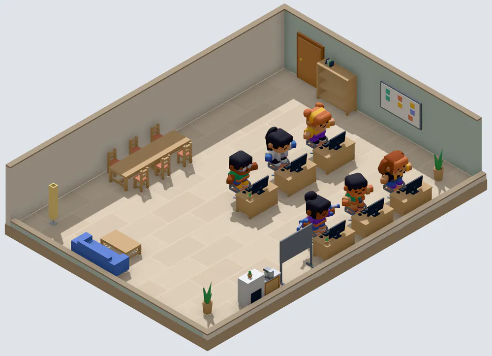 Capture du jeu&nbsp;: un studio en vue isométrique, six employés au travail sur leurs postes, avec la machine à café, le canapé et la table de réunion.
